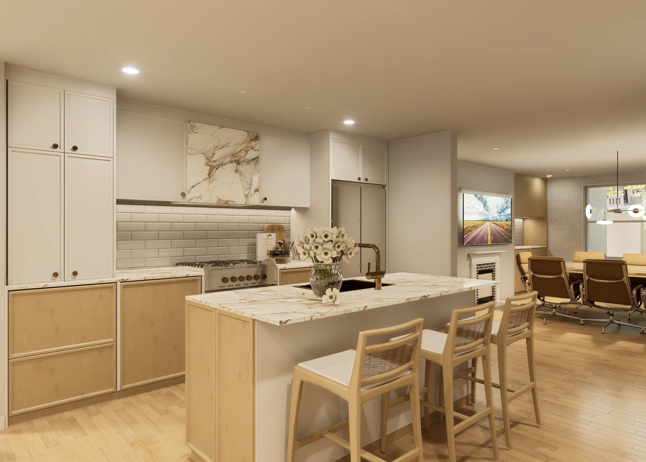 Design visualisation of the kitchen, with a marble splashback and an oak island with seating — Capitol Hill Row House, Washington, D.C.