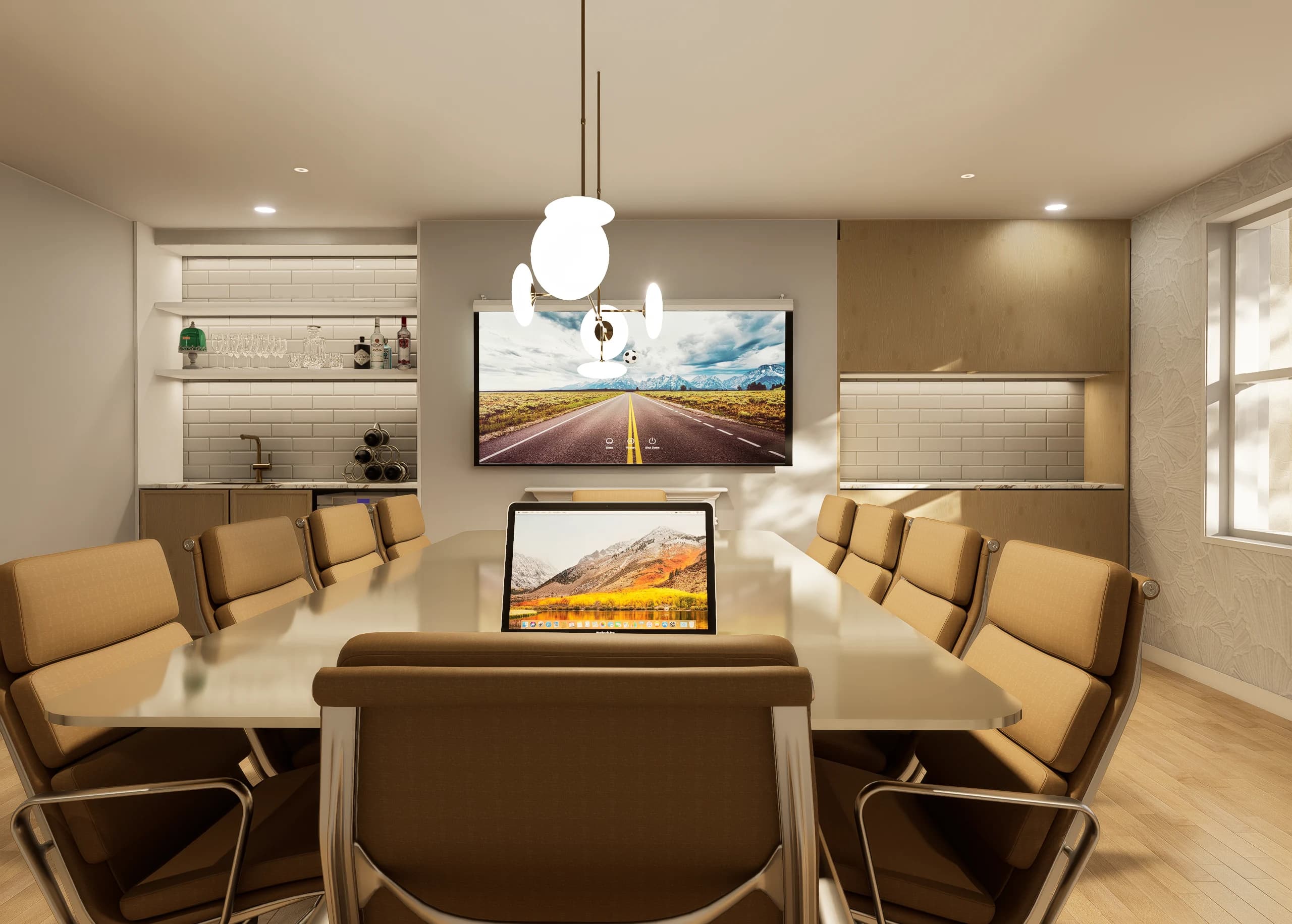 Design visualisation of the meeting room, with a long table and a wall-mounted screen