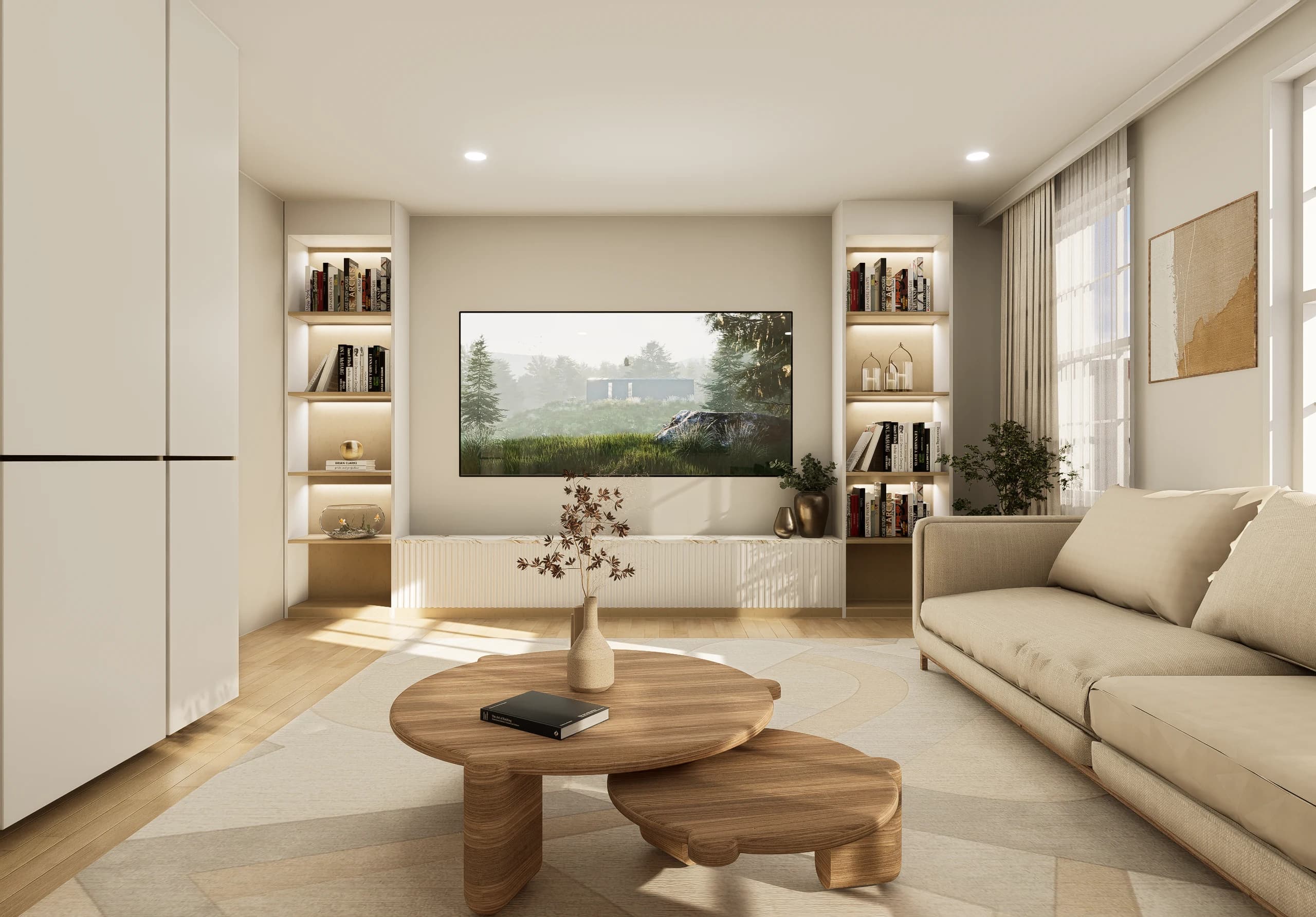 Design visualisation of the living room, with a media wall of lit display niches