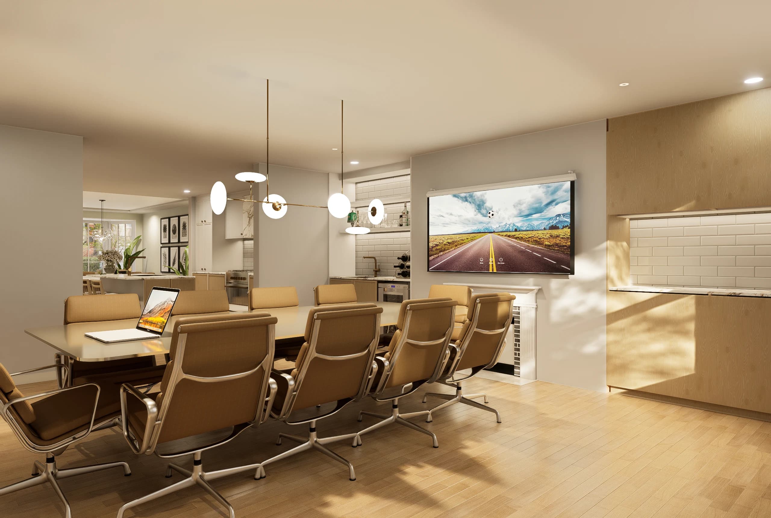 Design visualisation of the meeting room looking back towards the kitchen