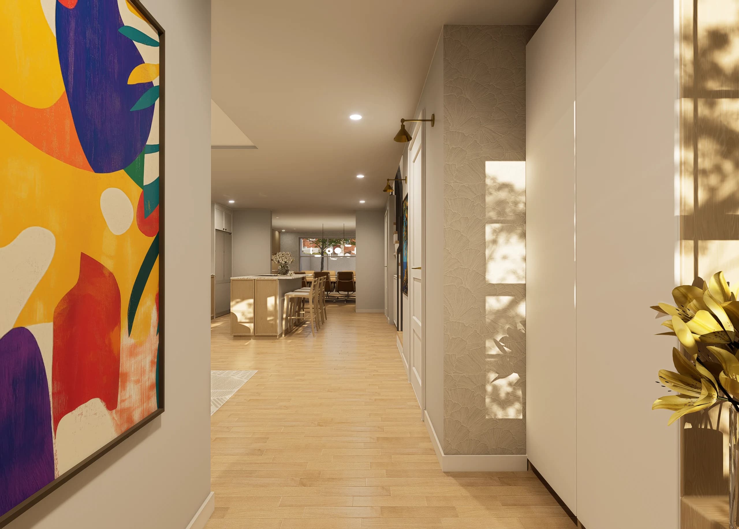 Design visualisation of the entrance hallway, with full-height storage and bold artwork
