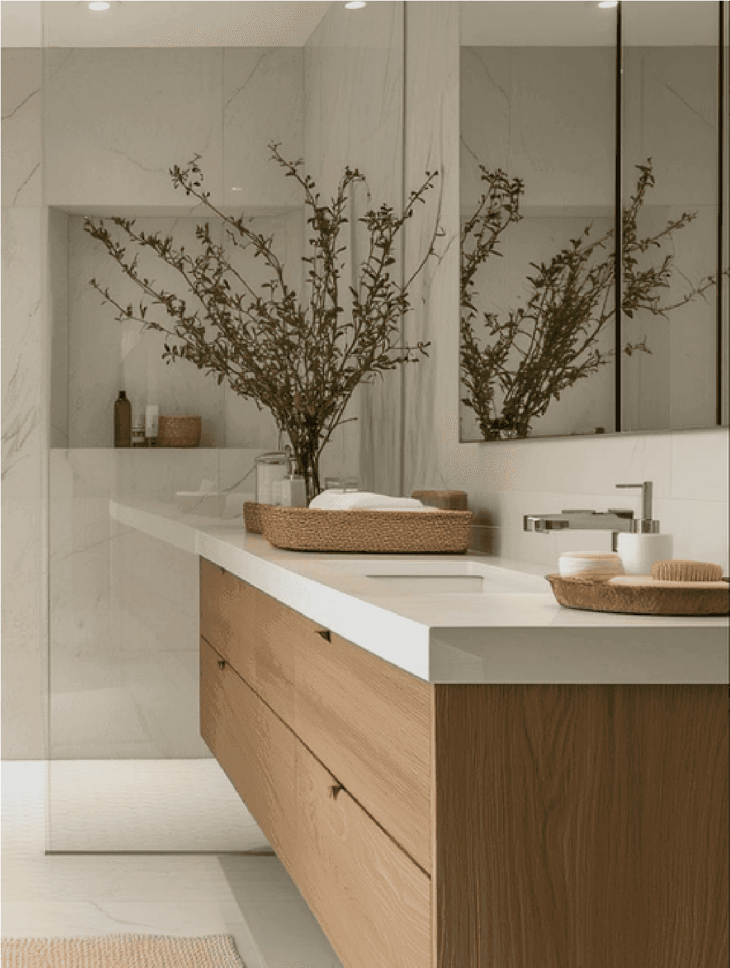 Bathroom with a floating oak vanity, marble surfaces and a walk-in shower