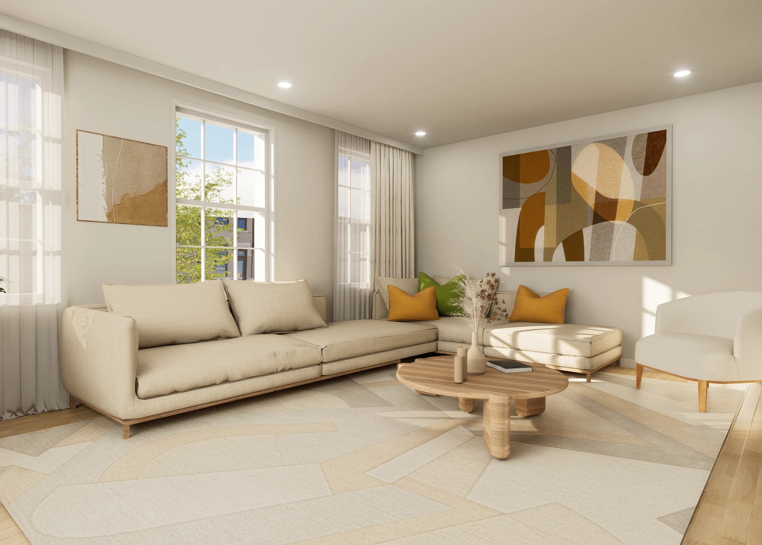 Design visualisation of the living room, with a low sofa and layered round coffee tables
