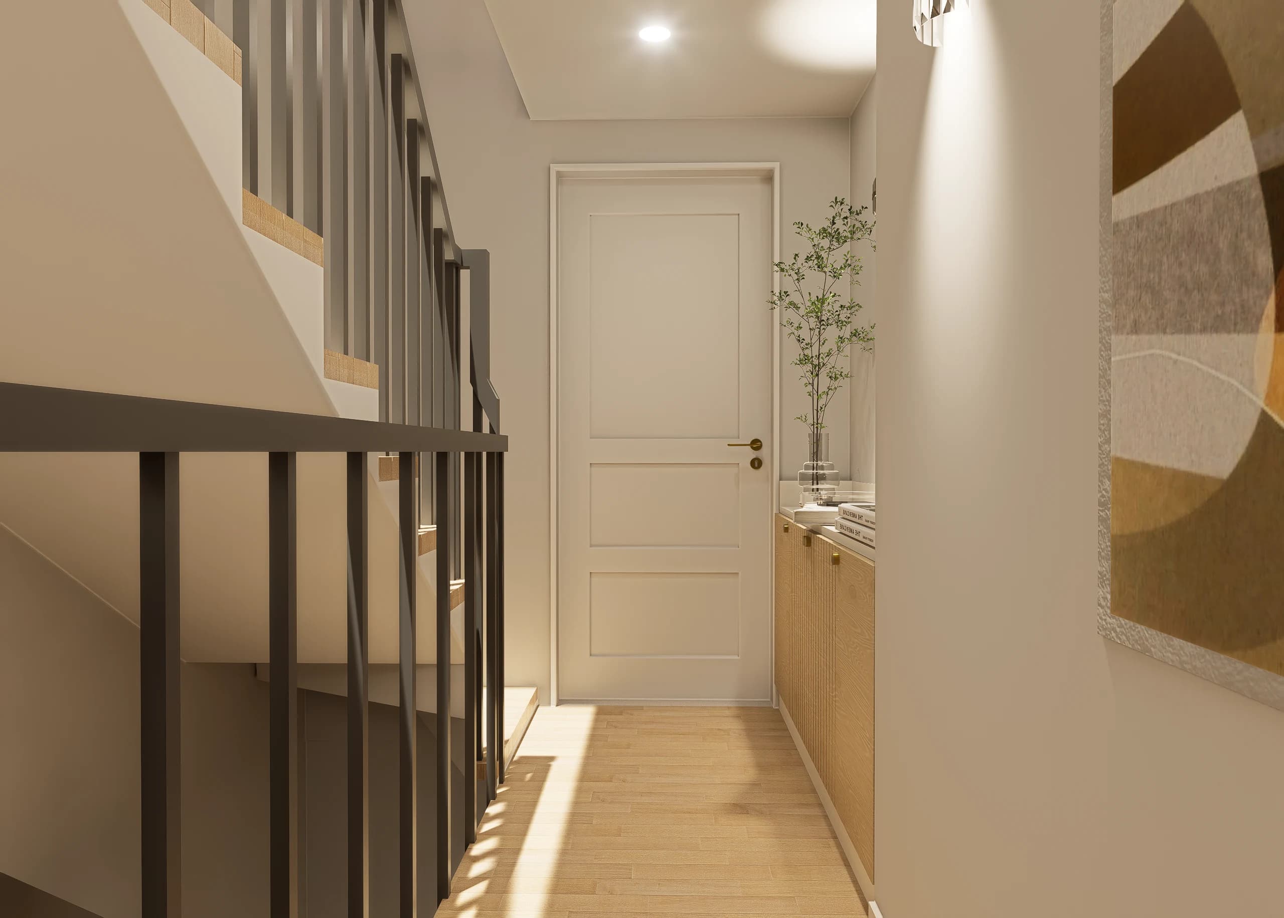 Design visualisation of the landing, with a dark metal stair balustrade