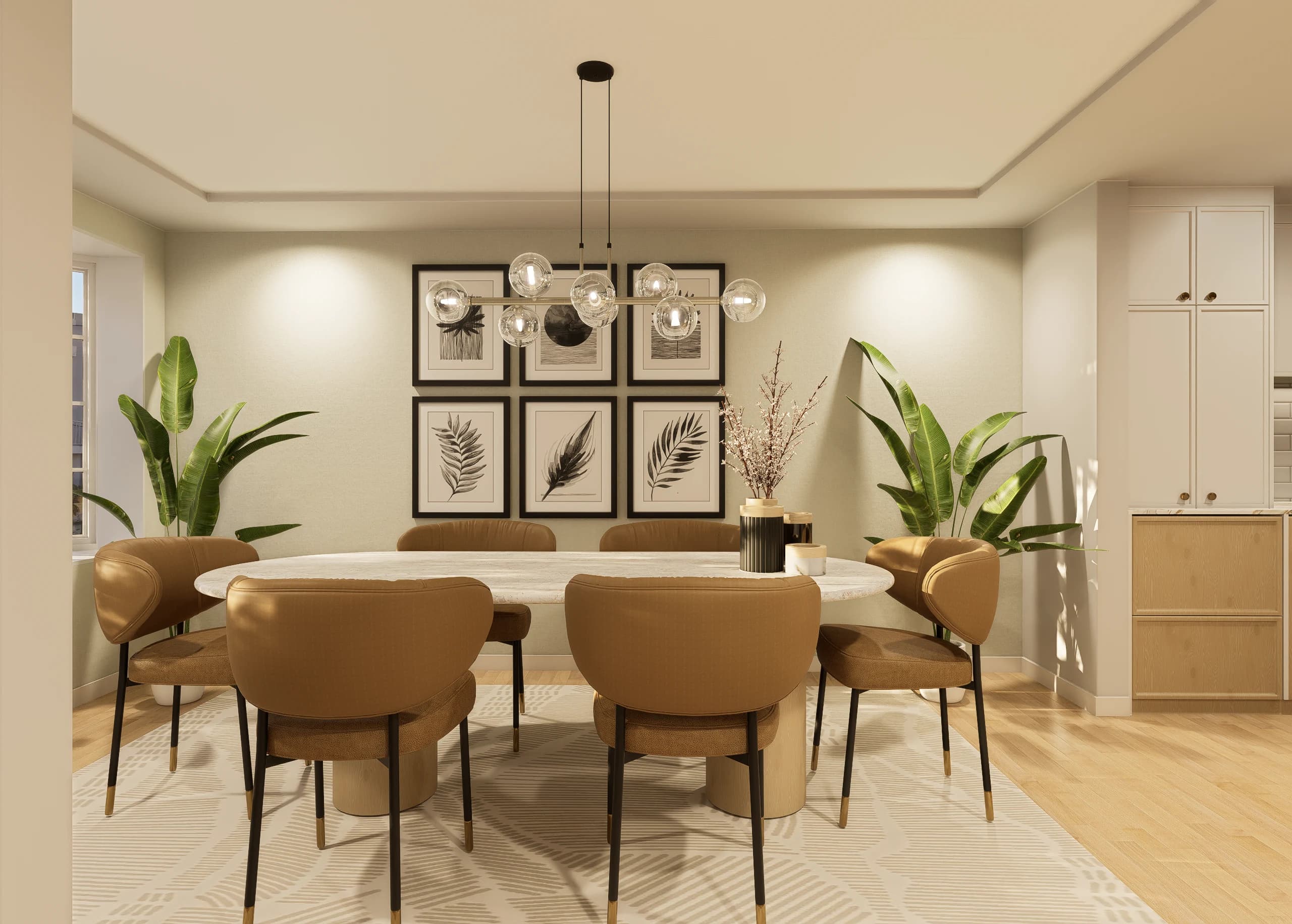 Design visualisation of the dining room, with a round table and a botanical gallery wall