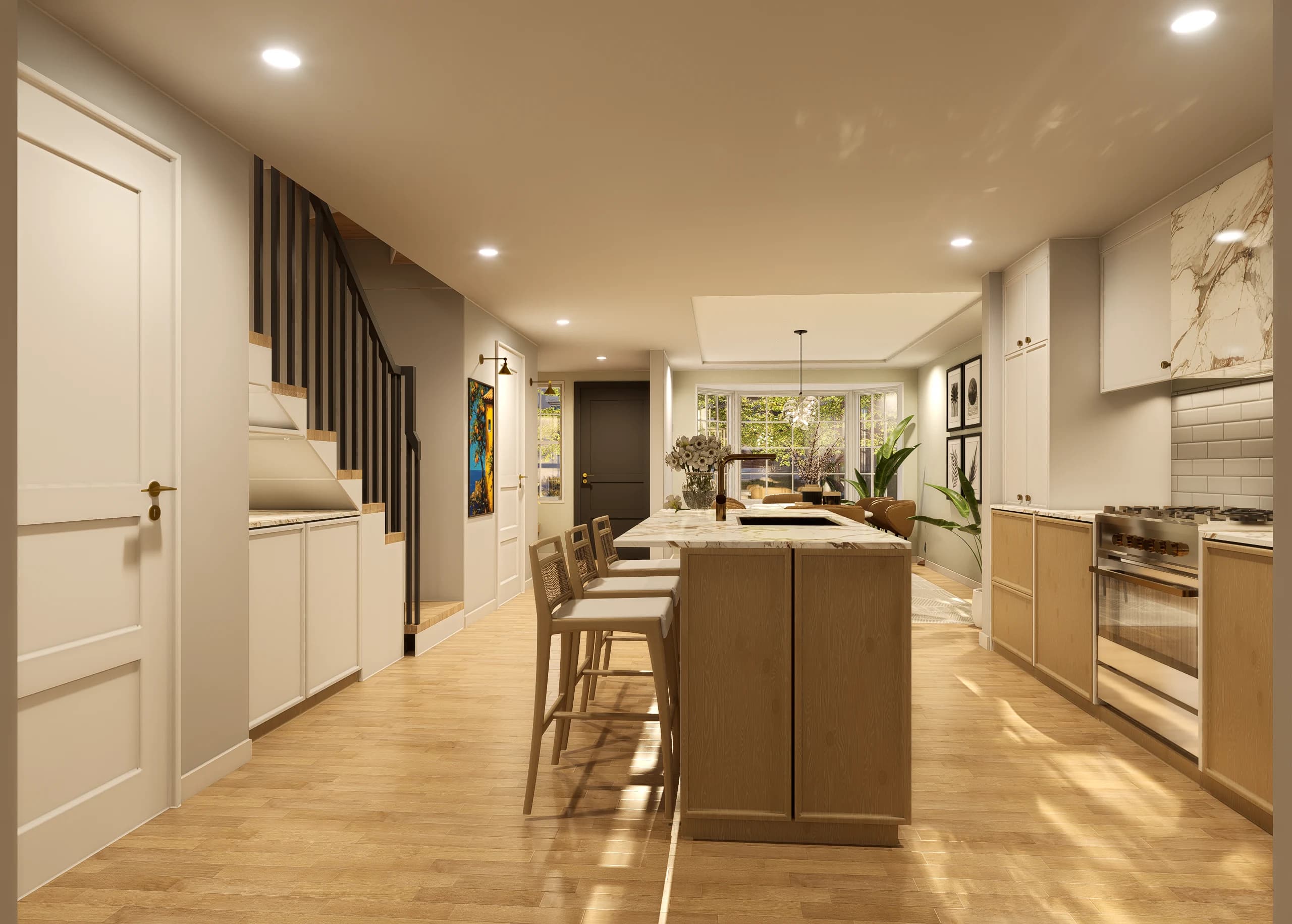 Design visualisation of the kitchen looking back towards the staircase and entrance