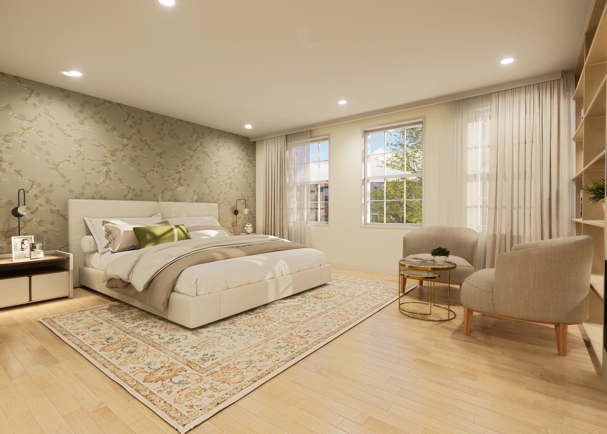 Design visualisation of the principal bedroom, with a floral wallpapered feature wall