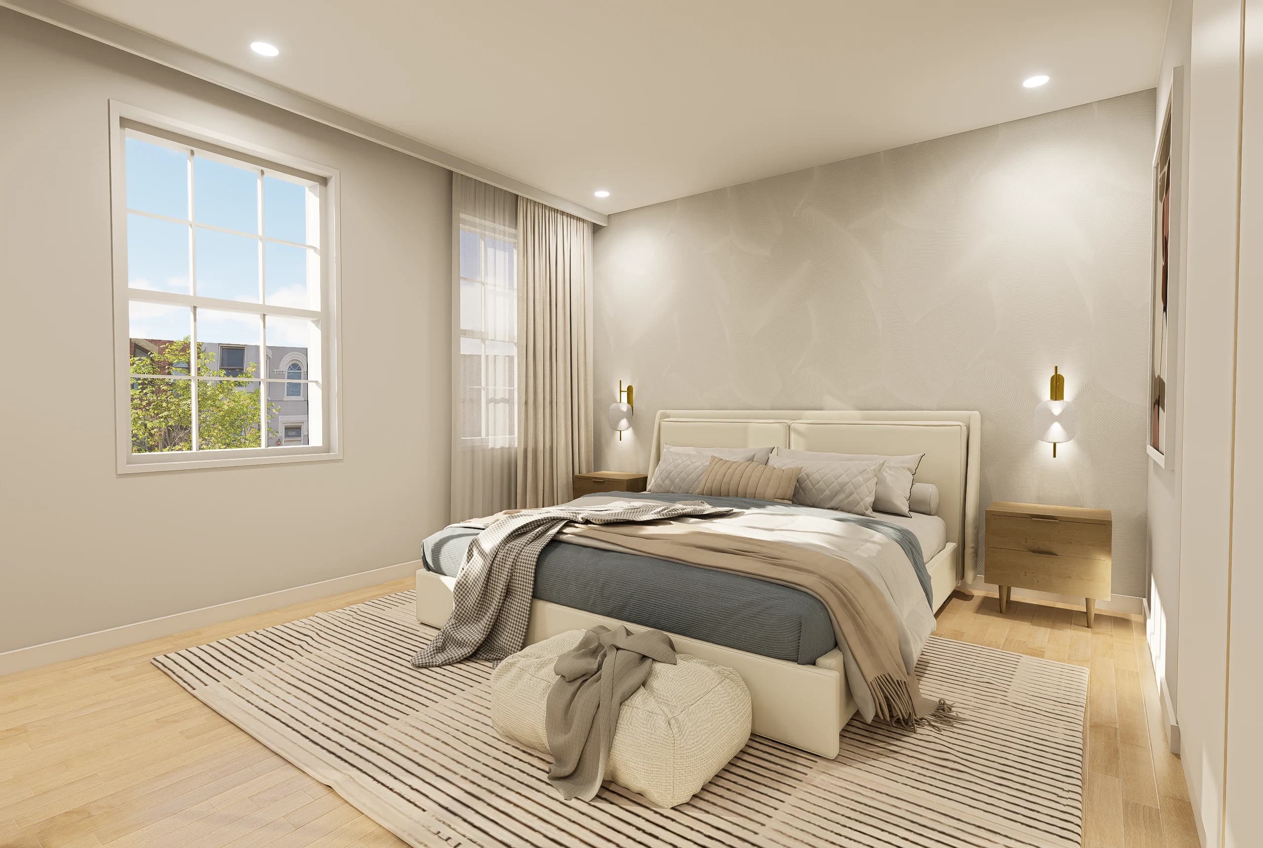 Design visualisation of a guest bedroom, with a bench seat at the foot of the bed